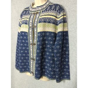 Vtg Carroll Reed Nordic Wool Cardigan Sweater L Fair Isle Blue Fireside Ski Cozy